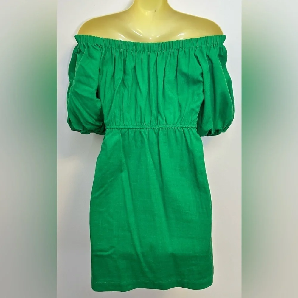 VICI SkyLar Rose Kelly Green Linen Balloon Sleeve Mini Dress size XS